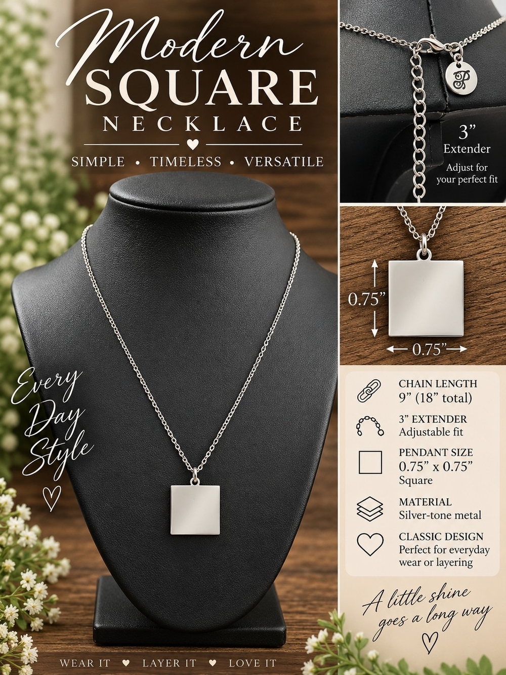 A103. Square Pendant Necklace in Silver & White NWT